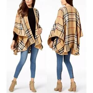 Burberry Style Plaid Poncho Shawl Tan Black Travel Cardigan Plane Layering Gift